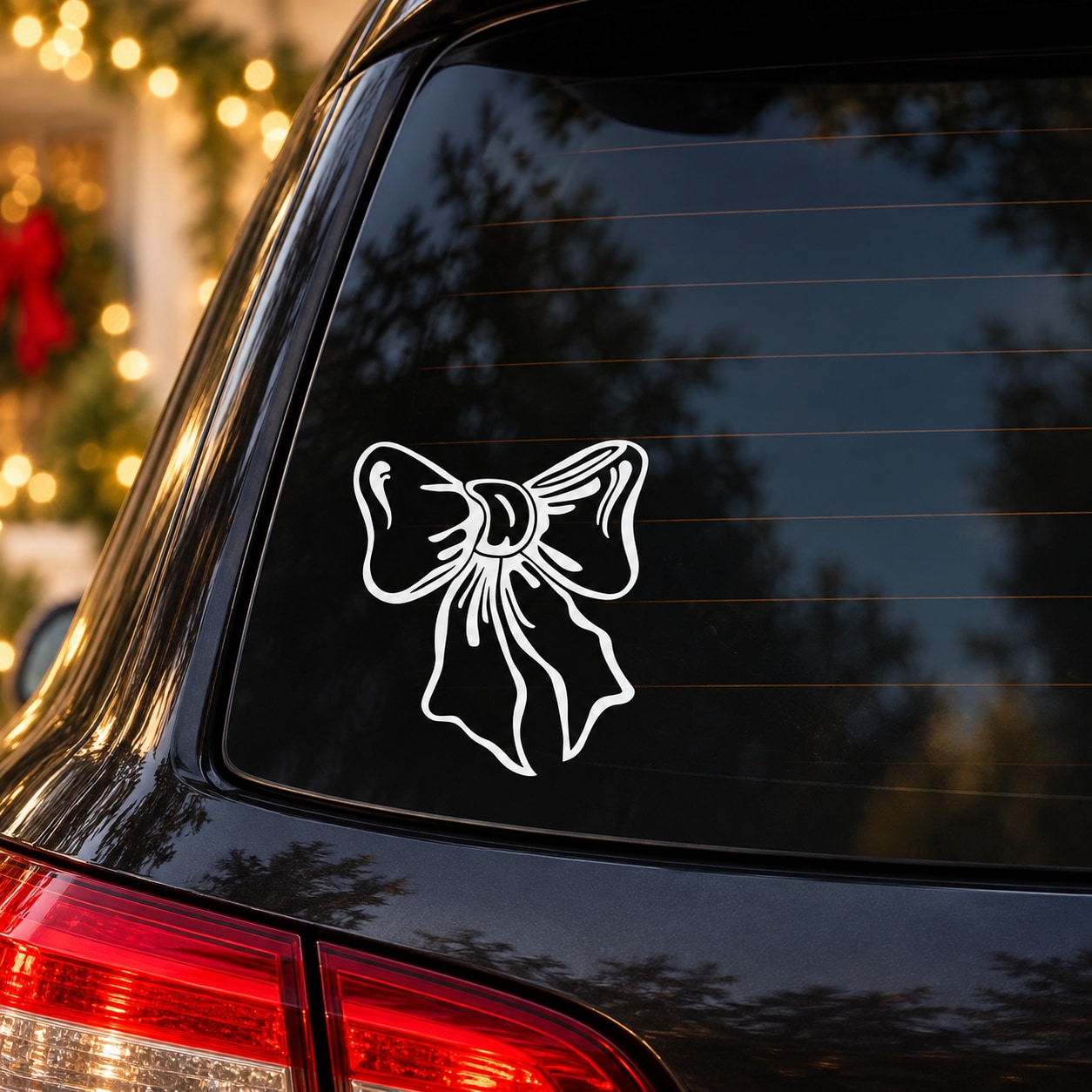 White tied ribbon bow decal sticker on dark car panel