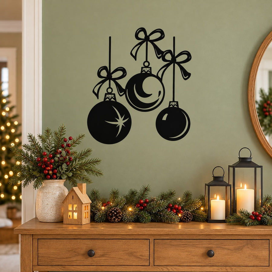 Hanging vinyl decal set of three black ornaments with bows and star detail