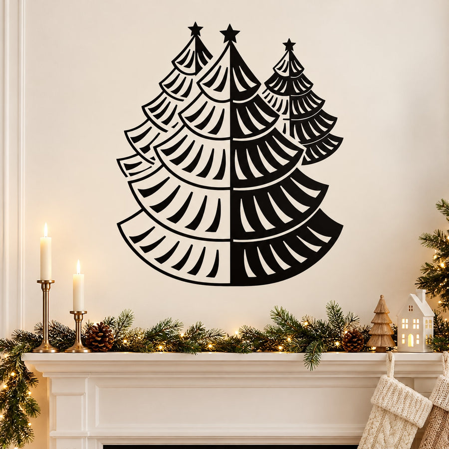 Stylized Christmas tree wall decoration with layered black tree silhouette and stars