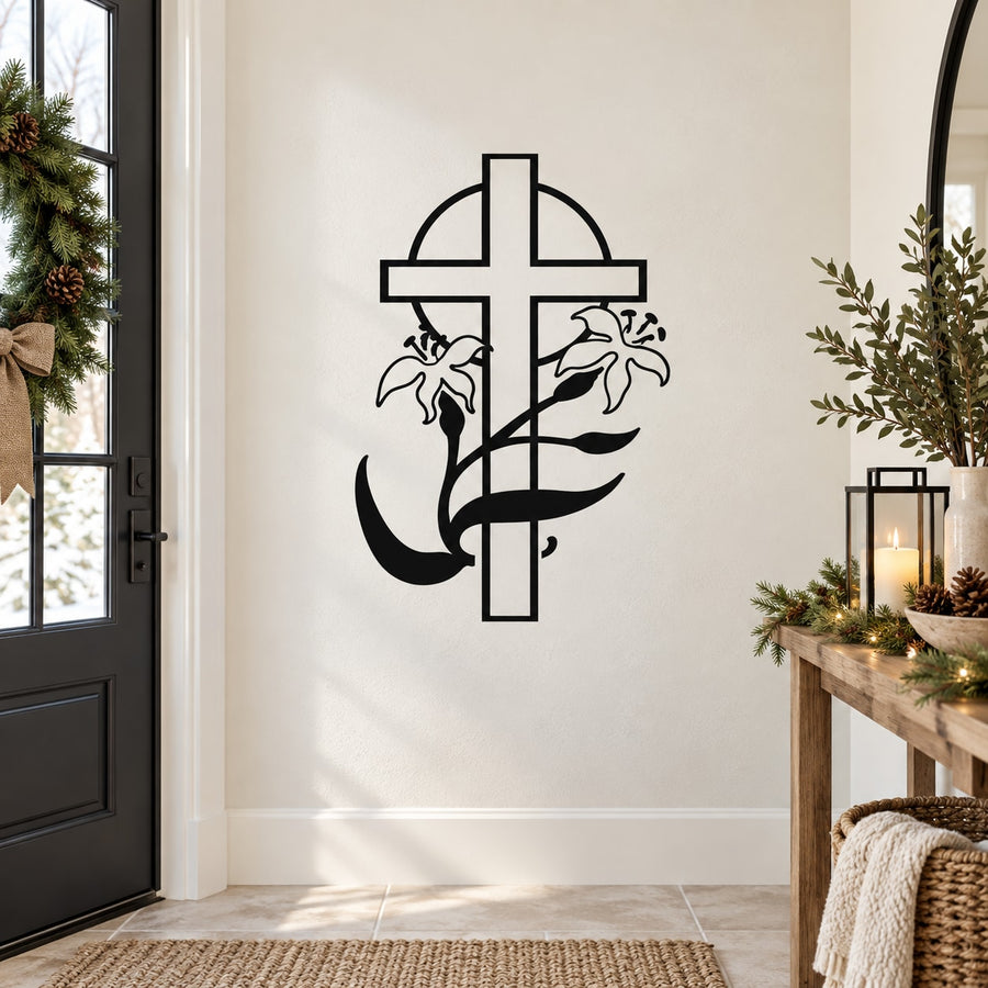 Black cross and lily vinyl wall decal with crescent moon detail