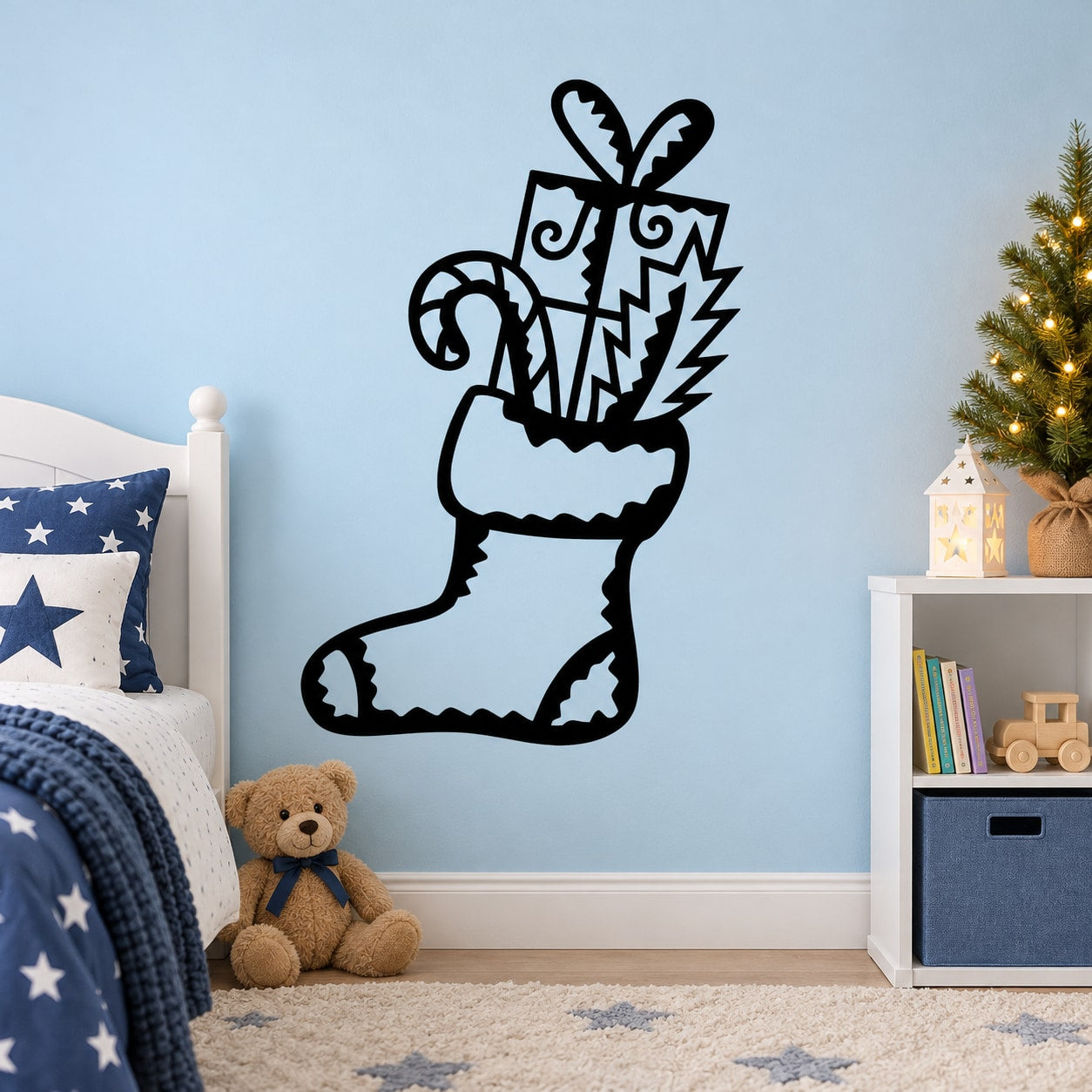 Christmas stocking wall decal with black presents illustration