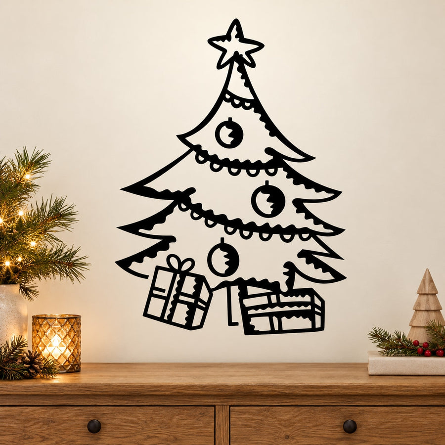 Christmas tree outline wall decal with hanging ornaments and wrapped presents
