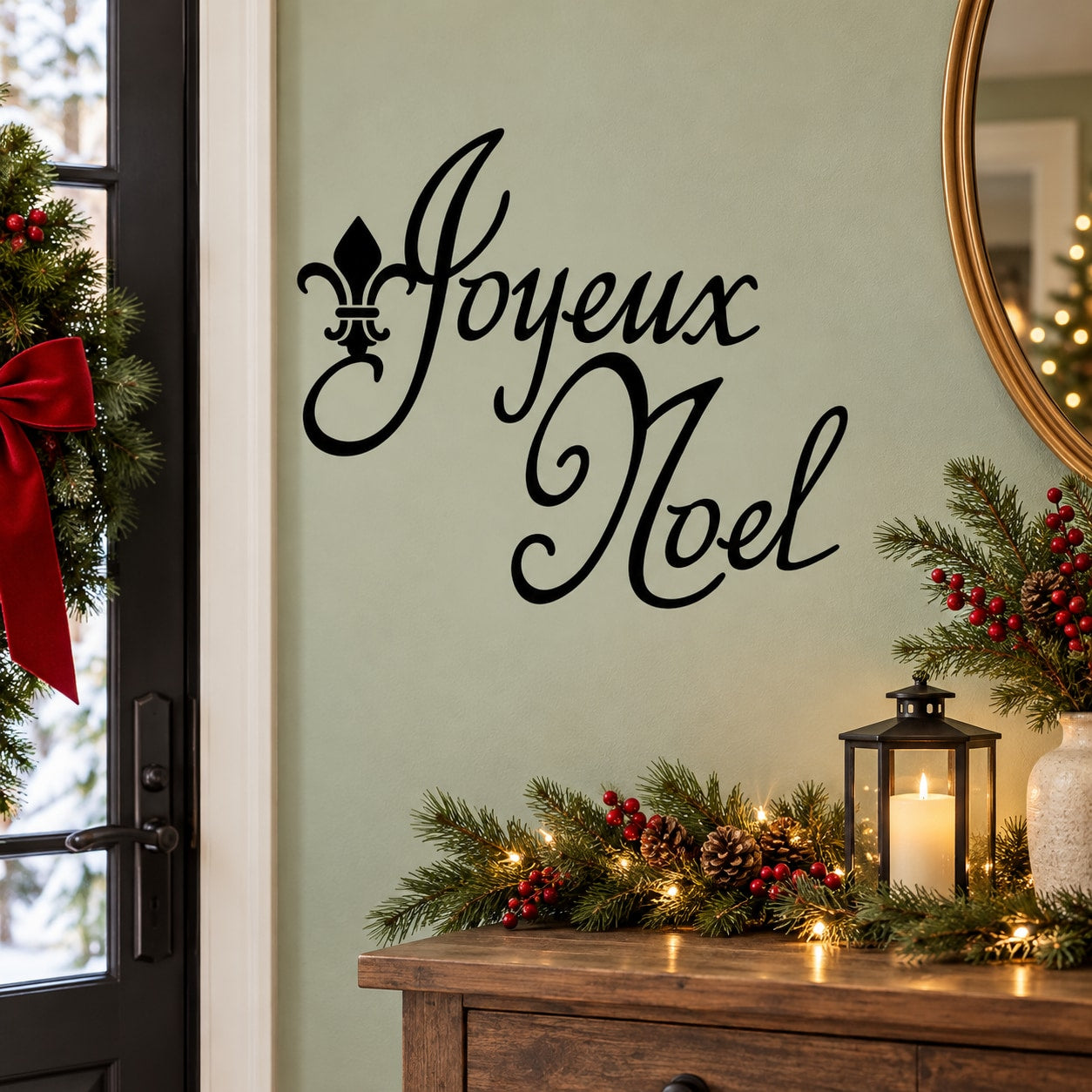 Black “Joyeux Noel” script wall decal with fleur-de-lis ornament