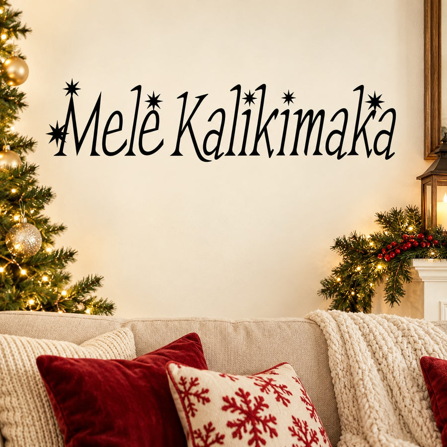Christmas wall decal reading “Mele Kalikimaka” with star accents