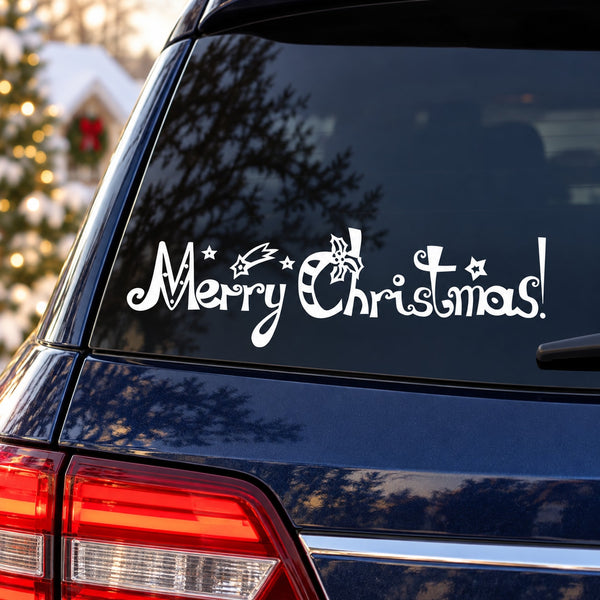 Jolly Merry Christmas decal with white cursive text and reindeer on car rear window