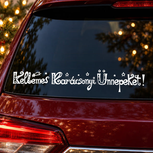Christmas car window decal with white Hungarian festive lettering and stars