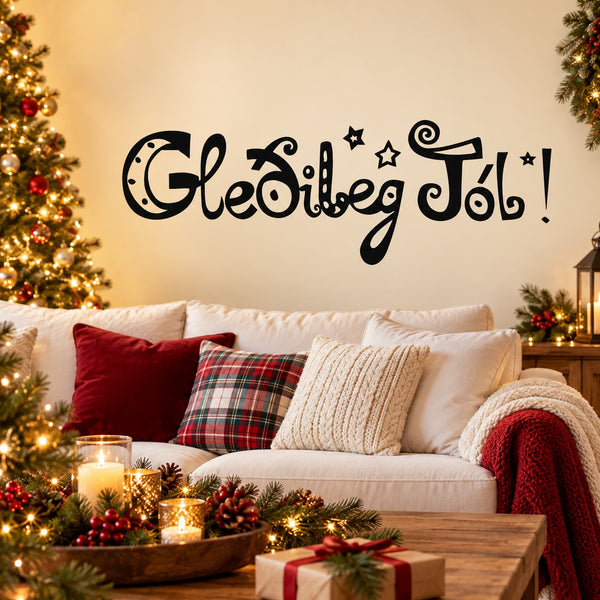 Christmas wall decal with "Gleðileg Jól" in black script and stars