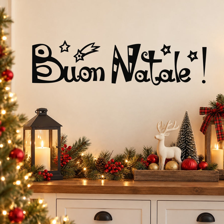 Christmas Italian Buon Natale wall decal in black script with stars and sparkle accents