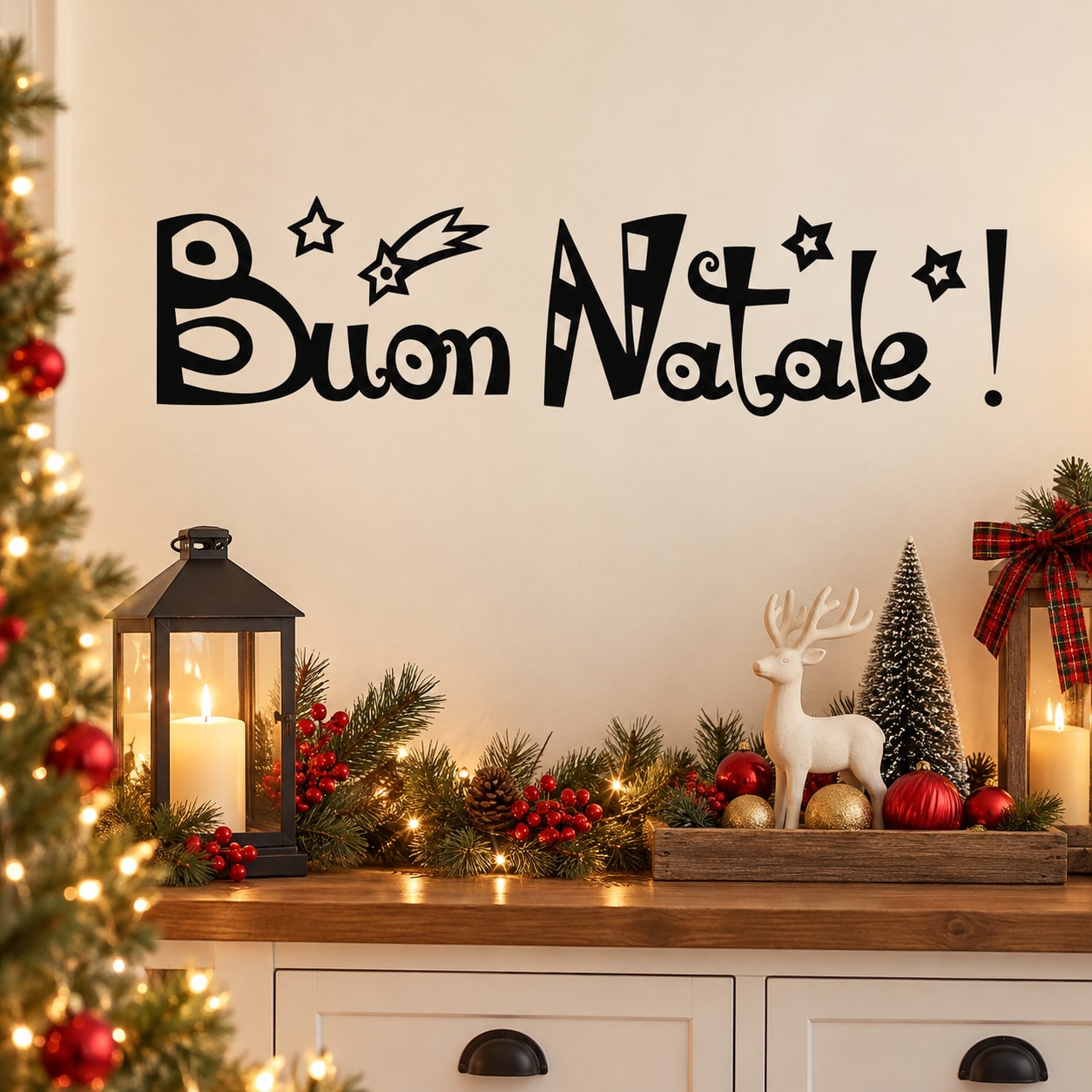 Christmas Italian Buon Natale wall decal in black script with stars and sparkle accents
