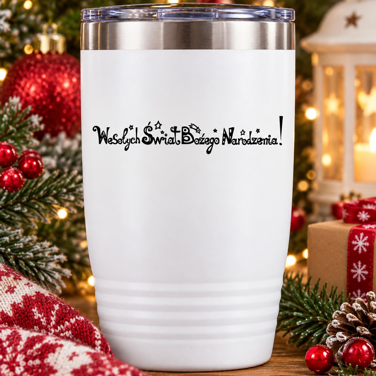 White tumbler with Christmas decal featuring Polish greeting text