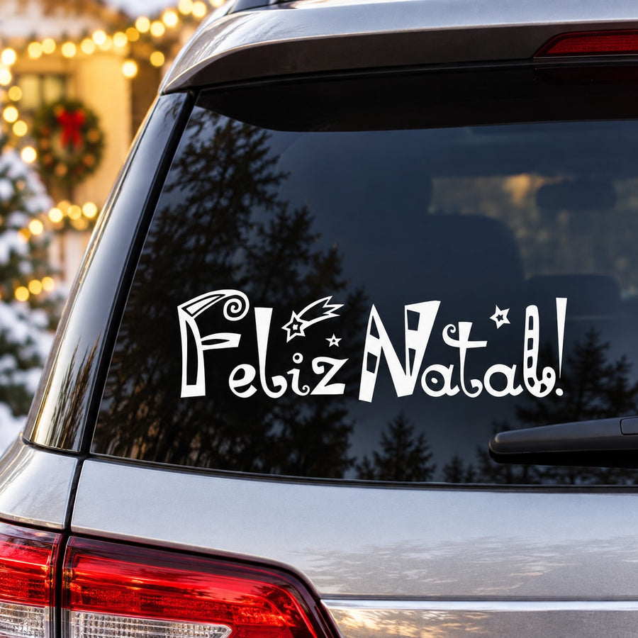 Christmas car window decal with “Feliz Natal!” text and starburst graphic