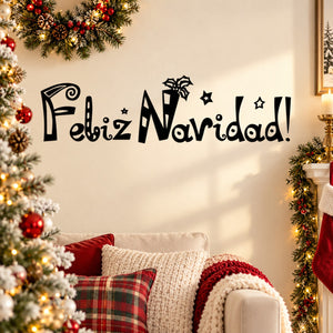 Black wall decal with Feliz Navidad lettering, stars, and gift icons