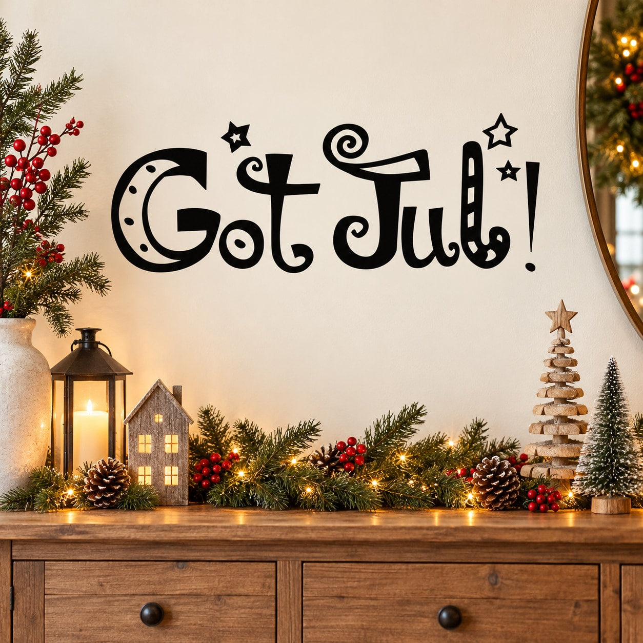 Black holiday wall decal with 'Got Jul!' lettering, stars and swirl accents