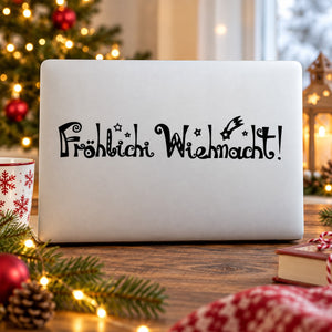 Christmas greeting decal, black script text on white rectangle