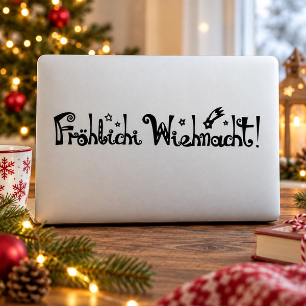 Christmas greeting decal, black script text on white rectangle