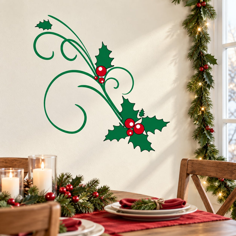 Mistletoe sprig die-cut decal with green leaves and red berry dots