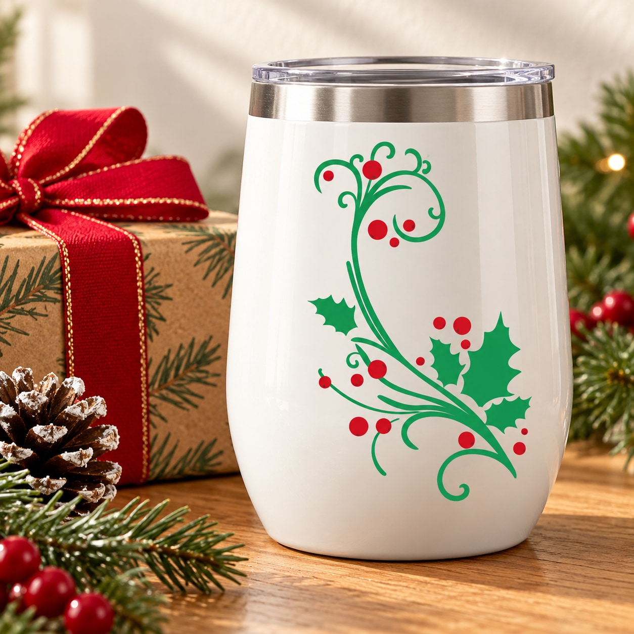 Holly and mistletoe printed decal with green vine, red berries, and leaves
