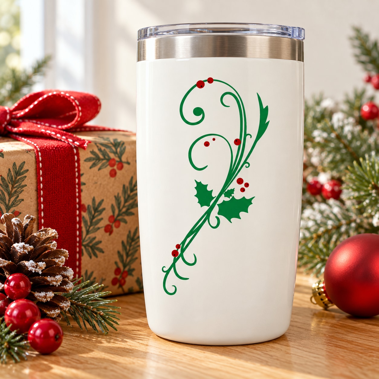 White tumbler with green holly and mistletoe branch die-cut decal with red berries
