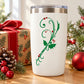 White tumbler with green holly and mistletoe branch die-cut decal with red berries