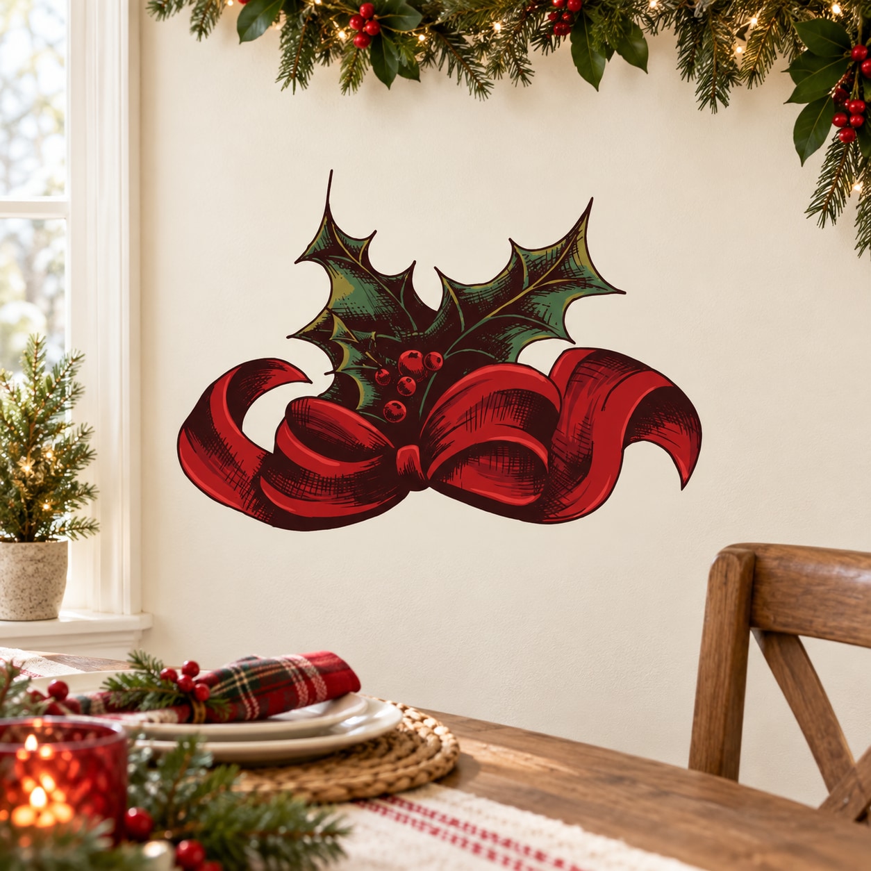 Holly on ribbon printed die cut decal with green holly leaves and red bow