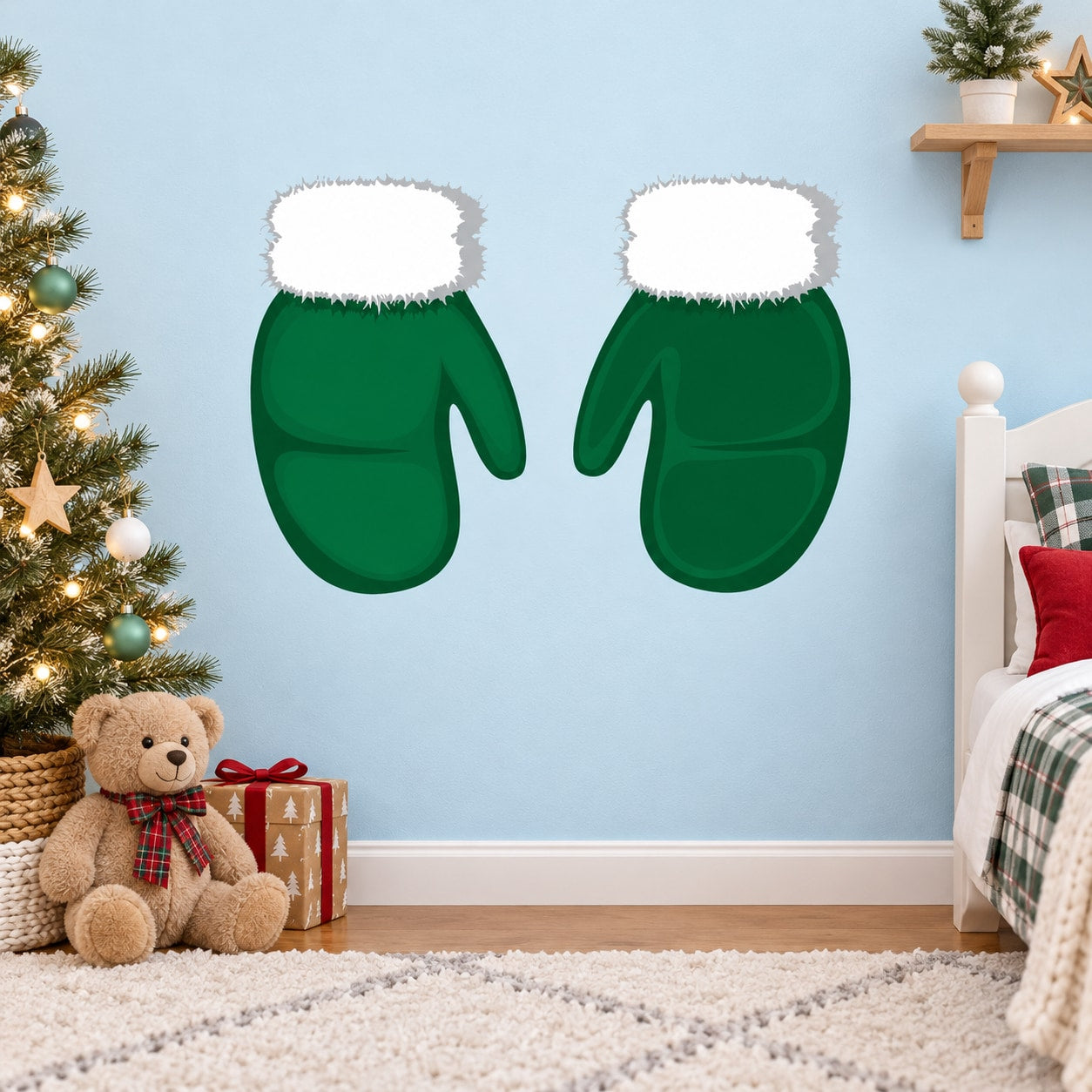 Christmas forest mitten sticker set: two green mittens with white cuffs