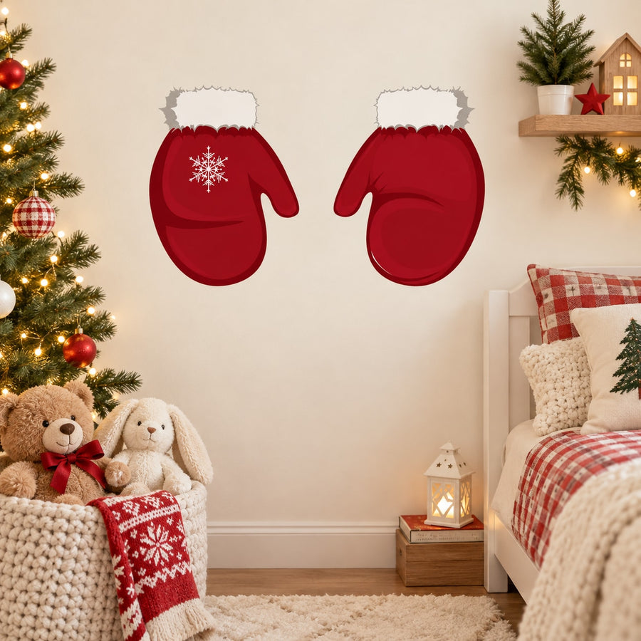 Christmas mittens sticker set with two red mitten shapes and a white snowflake design