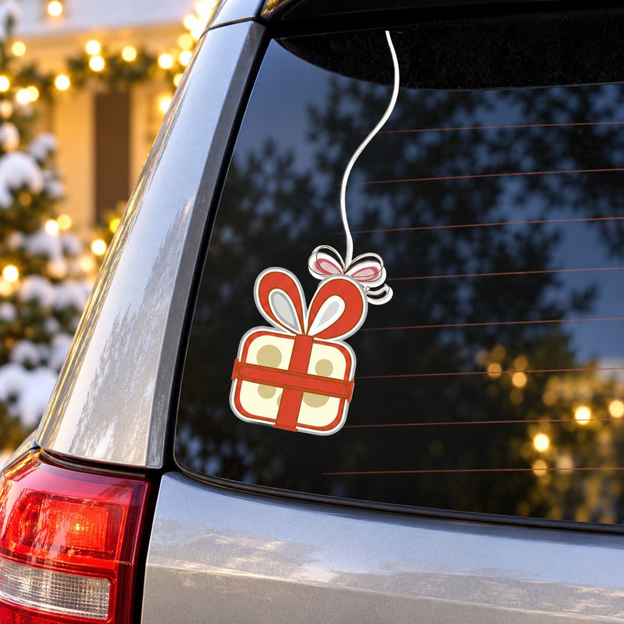 Hanging gift present ornament decal, die-cut with red ribbon and bow