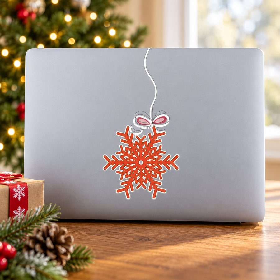 Christmas snowflake vinyl wall decal sticker with red and white outlined ornament