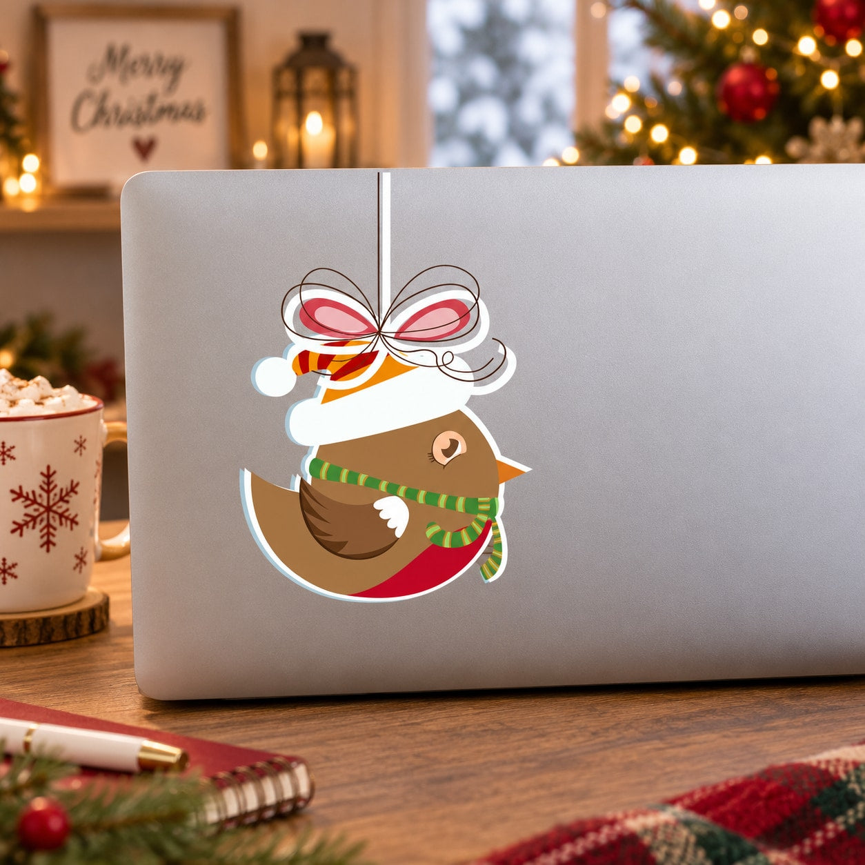Christmas bird ornament sticker with curled ribbon bow and scarf illustration