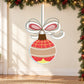 Christmas ornament die-cut decal with ribbon, red and cream striped pattern