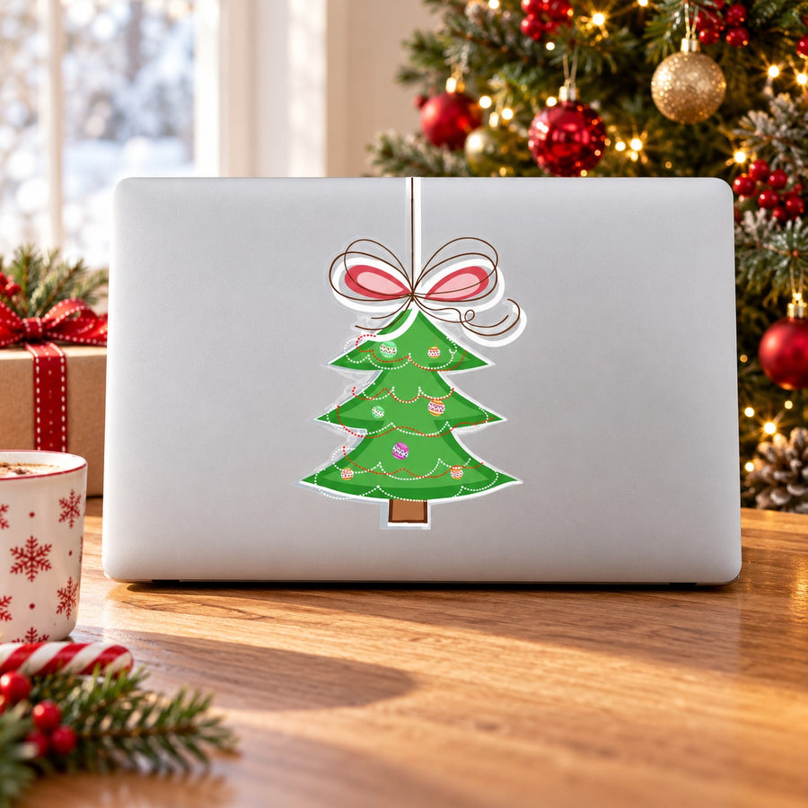 Christmas tree vinyl decal sticker with green tree and red ribbon bow