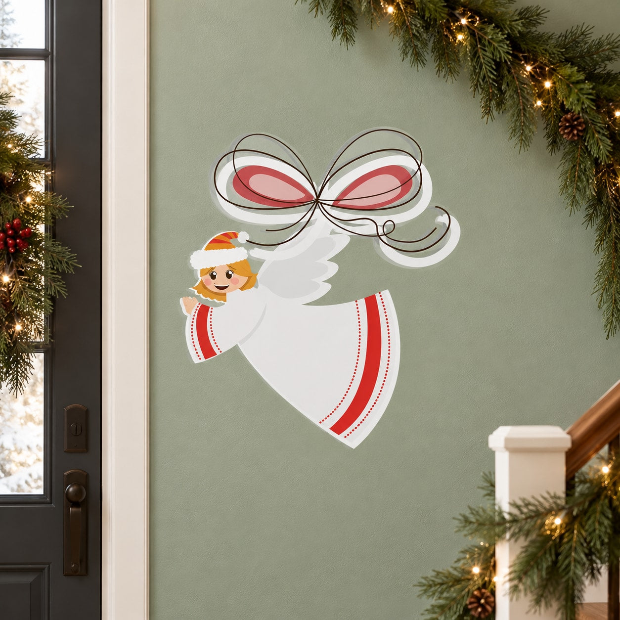 Christmas angel ornament decal with white wings and red dress, bow ribbon design