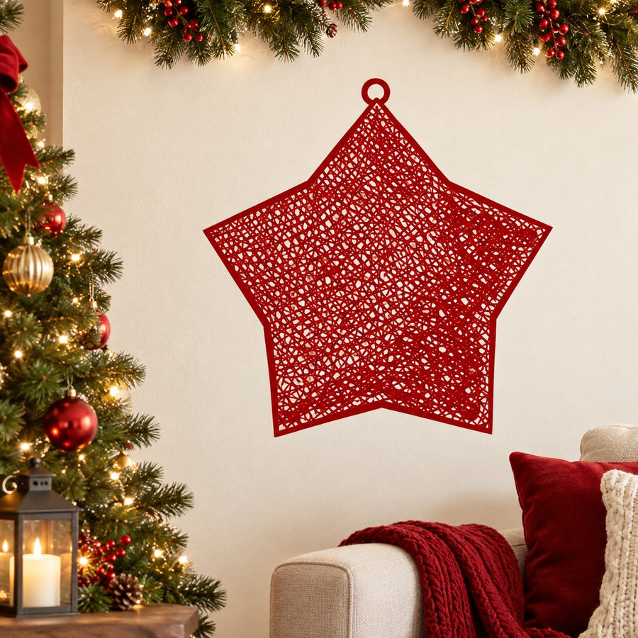 Red Christmas star wall decal ornament with hanging loop