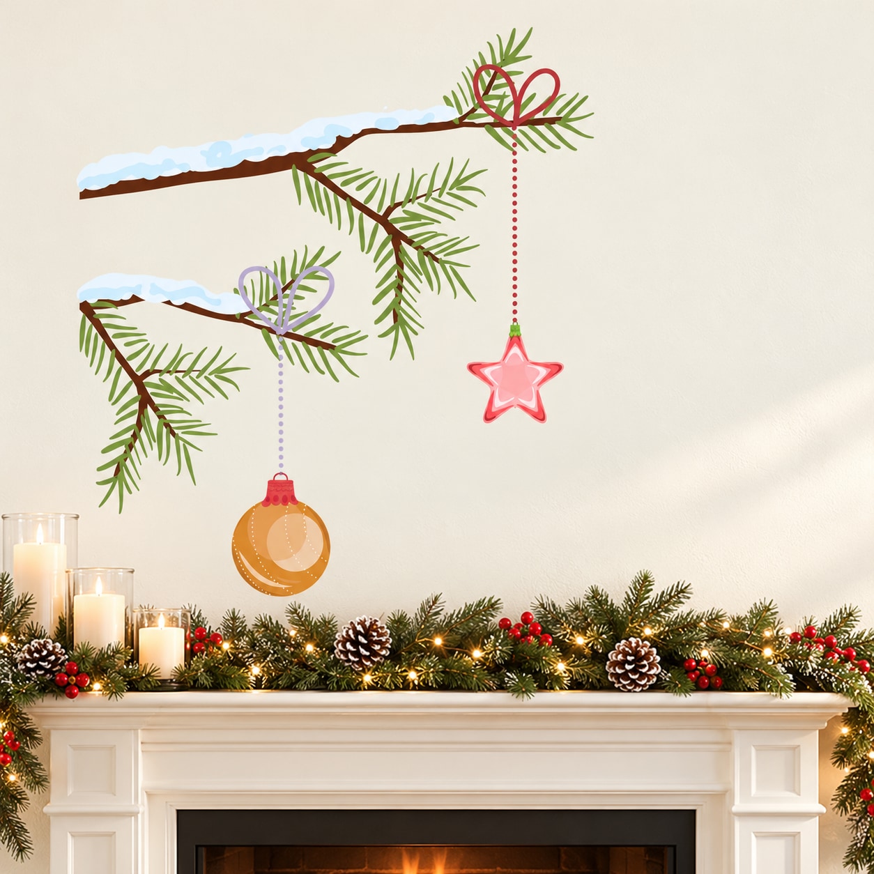 Christmas branch wall decal with gold ornament, red star, and red hanging ribbons