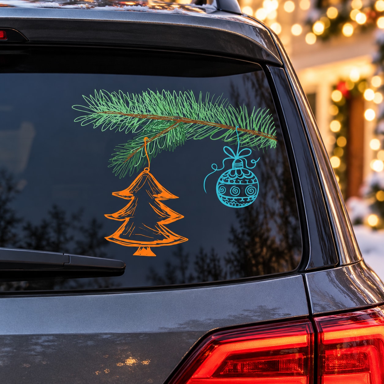 Christmas tree branch ornament decal sticker on car window: green branch, orange tree, blue bauble