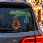 Christmas tree branch ornament decal sticker on car window: green branch, orange tree, blue bauble