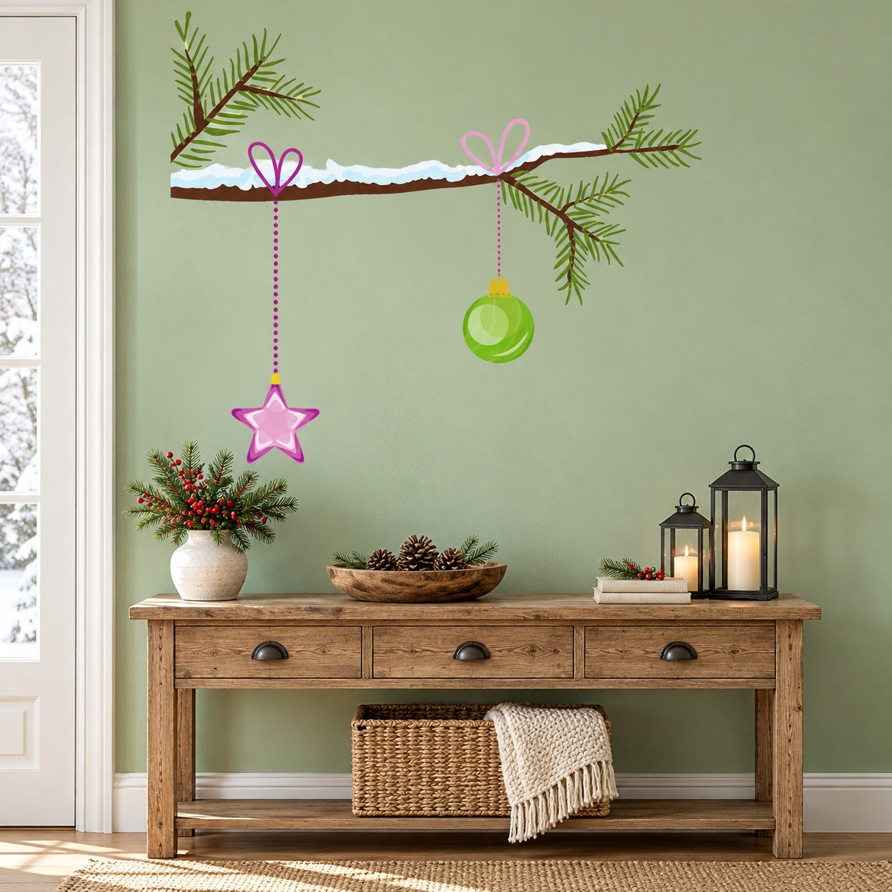 Christmas tree branch wall decal with green needles, pink star, and hanging ornaments