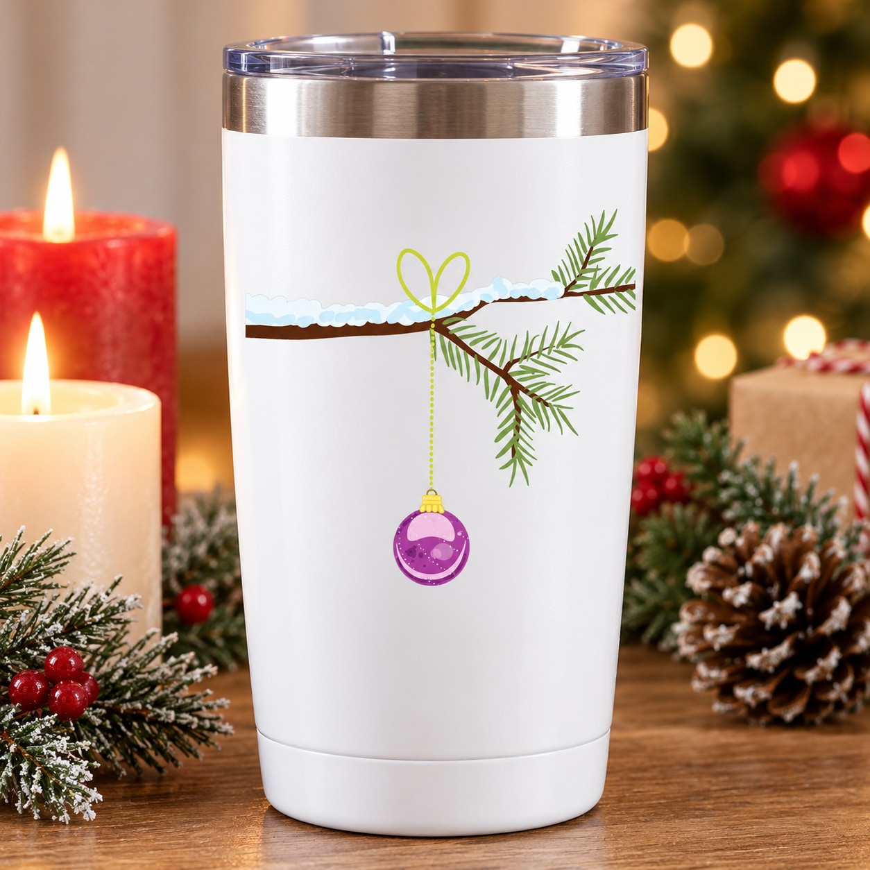 White tumbler with green pine branch and purple hanging ornament decal