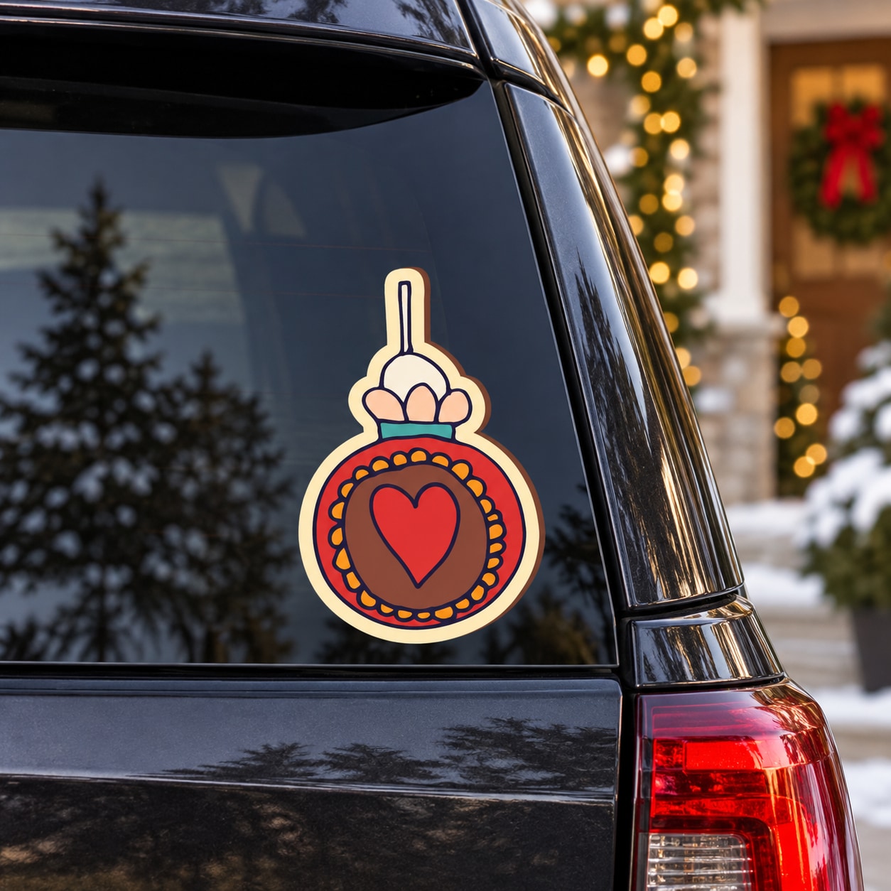 Colorful heart ornament vinyl sticker with red heart and candle on a circular border