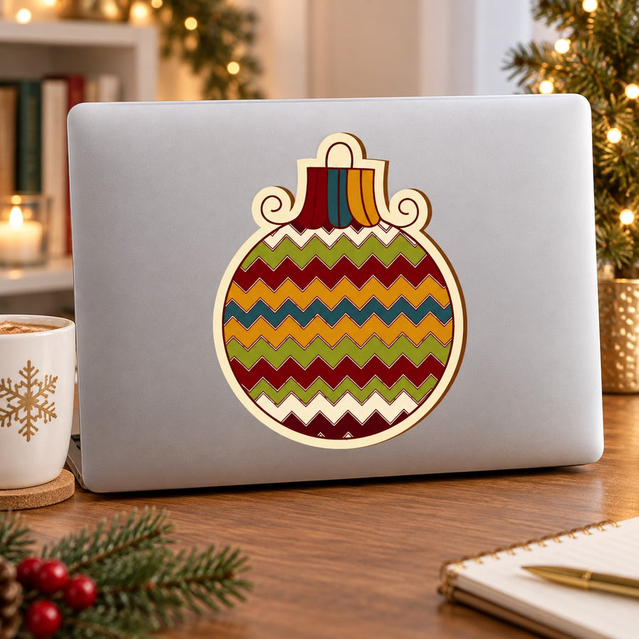 Chevron Christmas ornament vinyl wall sticker, round bauble with zigzag stripes and ribbon
