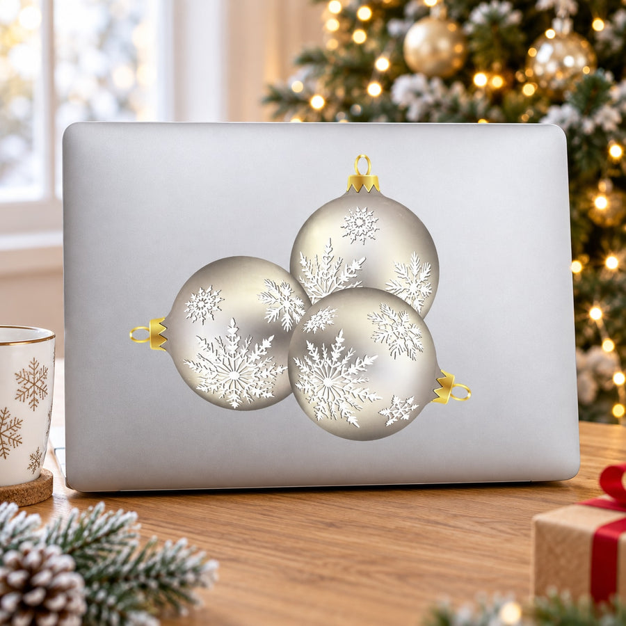 Silvery Christmas ornament decal with three baubles and snowflake prints