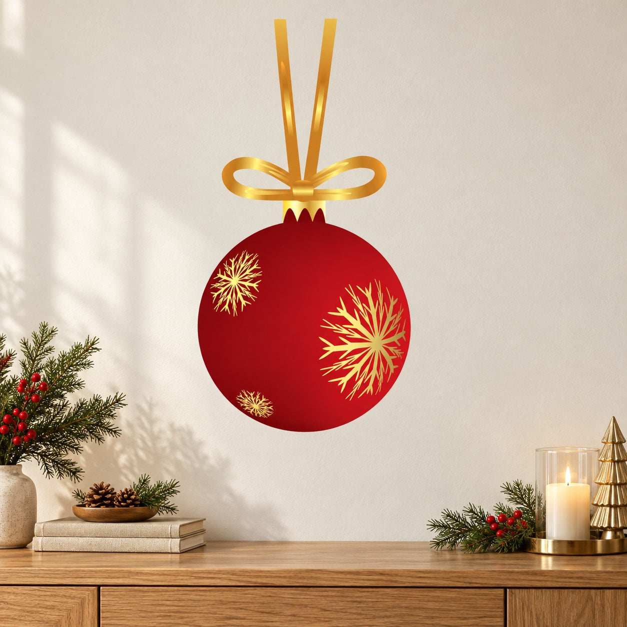 Red and gold snowflake hanging Christmas ornament with gold ribbon