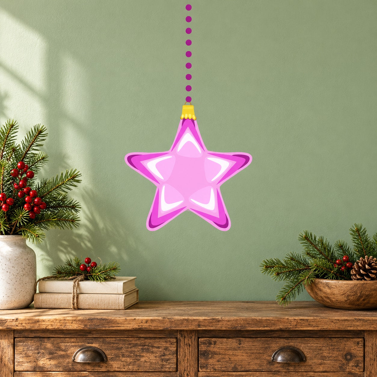 Pink star Christmas hanging decal ornament with purple outline and dangling string