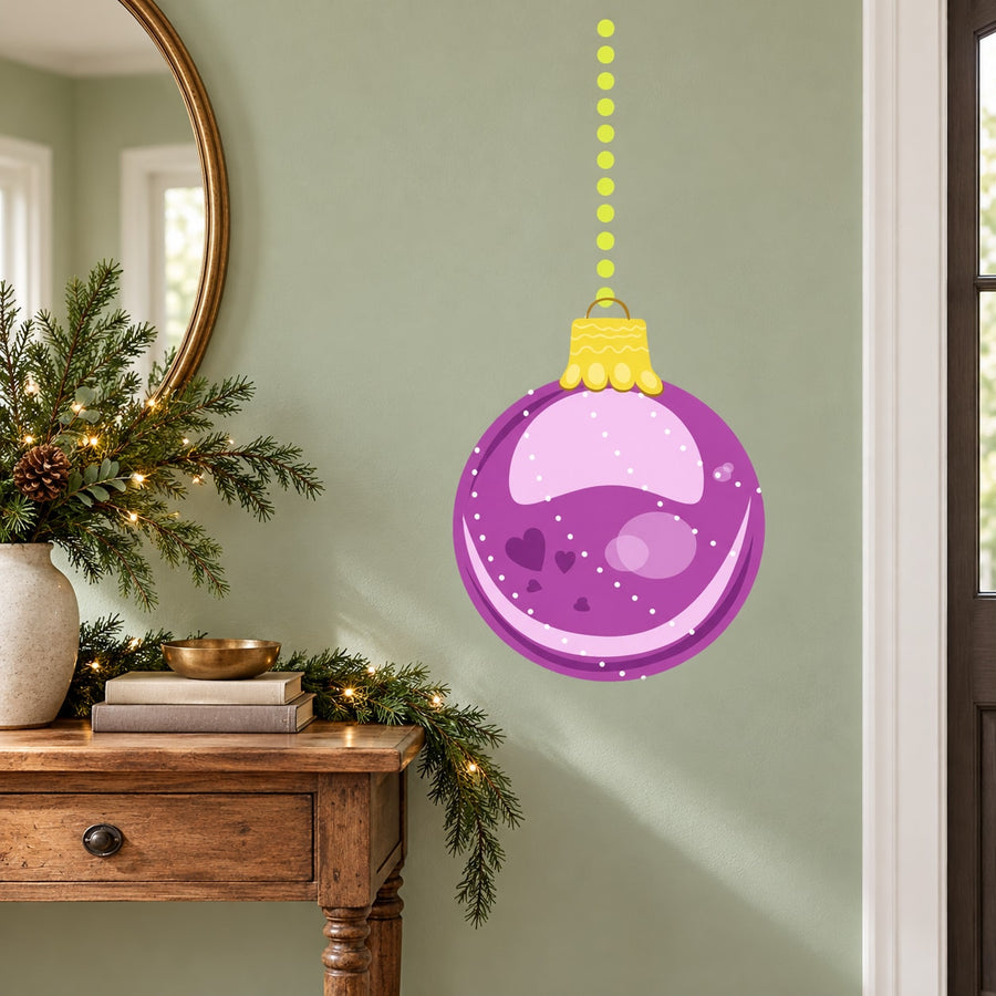 Purple shiny Christmas ornament decal, die-cut hanging ball with glittery stars and mist