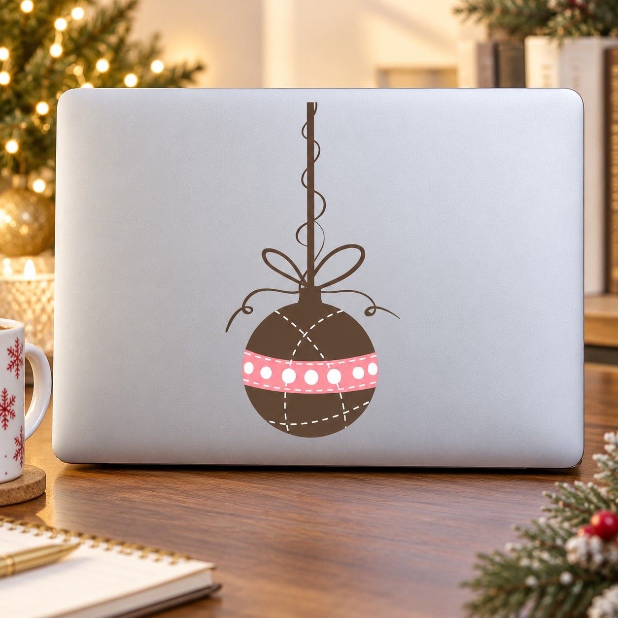 Christmas ornament decal, hanging brown-and-pink illustrated ornament on smooth surface