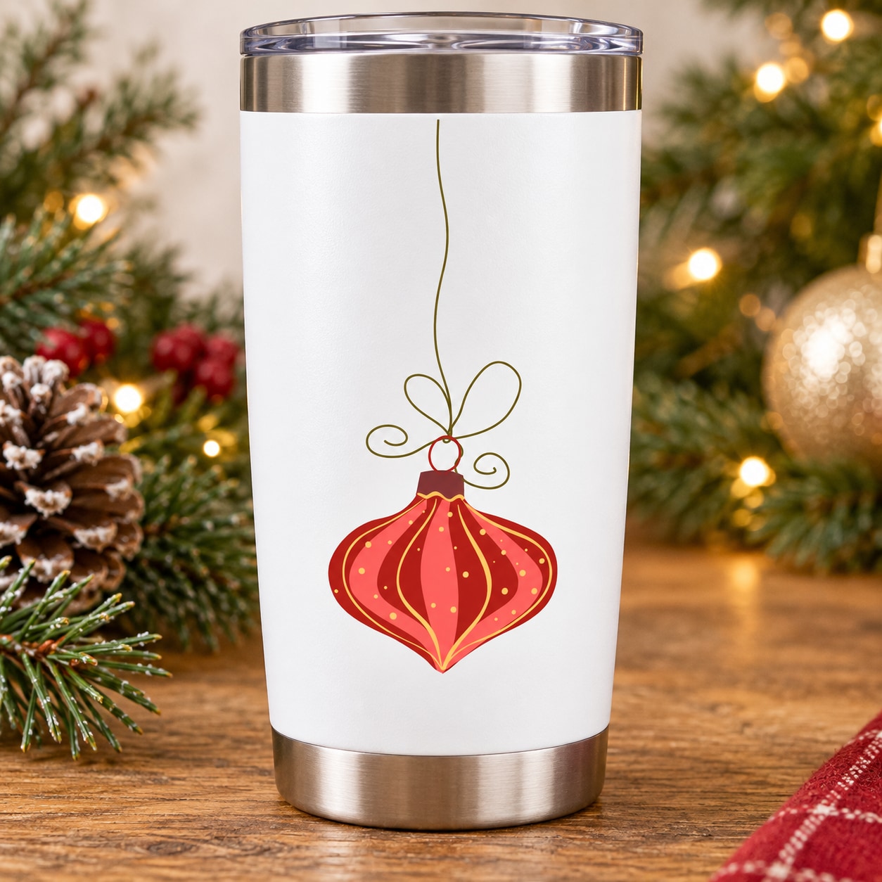 Printed hanging Christmas ornament decal with red ribbon and swirly top