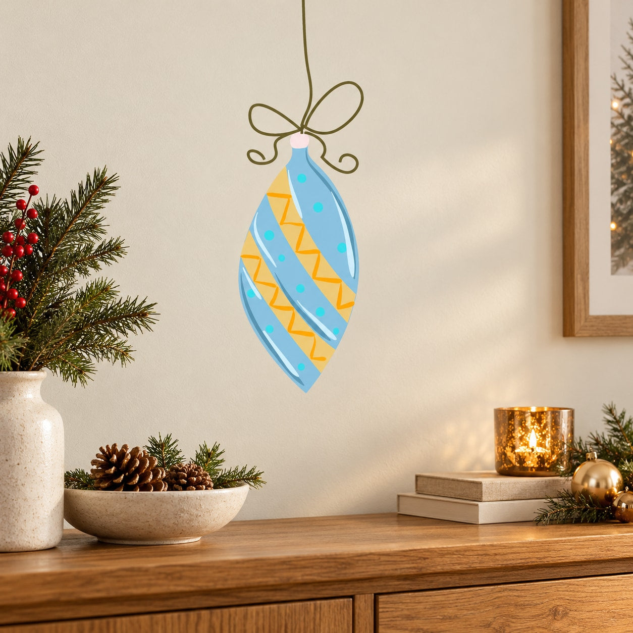 Blue drop-shaped Christmas ornament decal with ribbon bow and zigzag stripe pattern