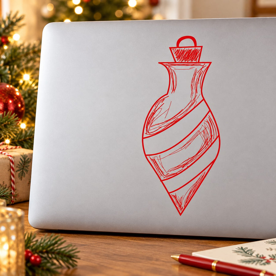 Vinyl Christmas ornament sticker with red hand-drawn abstract drop stripes on white square