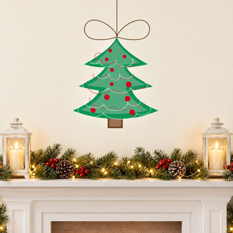Green Christmas tree wall decal with ornaments and bow topper