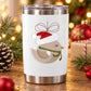 Colorful bird ornament sticker on white tumbler, red bow and striped scarf